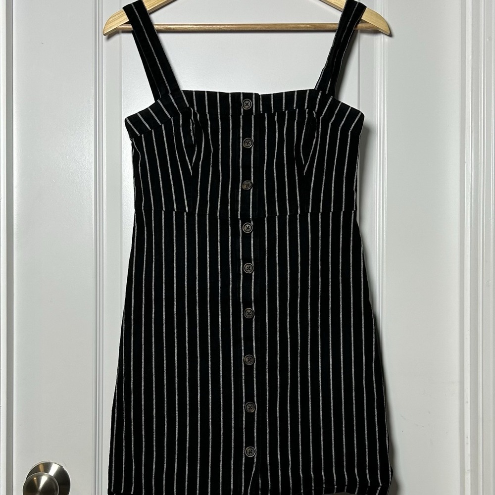 Hollister Pinstripe Button Front Square Neck Mini Dress Y2K Dark Academia Style